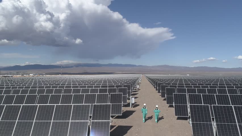 Two workers walk through sunny solar field, renewable energy focus