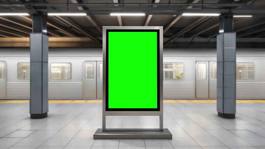 A subway station billboard with a bright green screen for customizable advertisement. A metro train passes in the background, making it ideal for marketing, promotion, or urban transit themes.