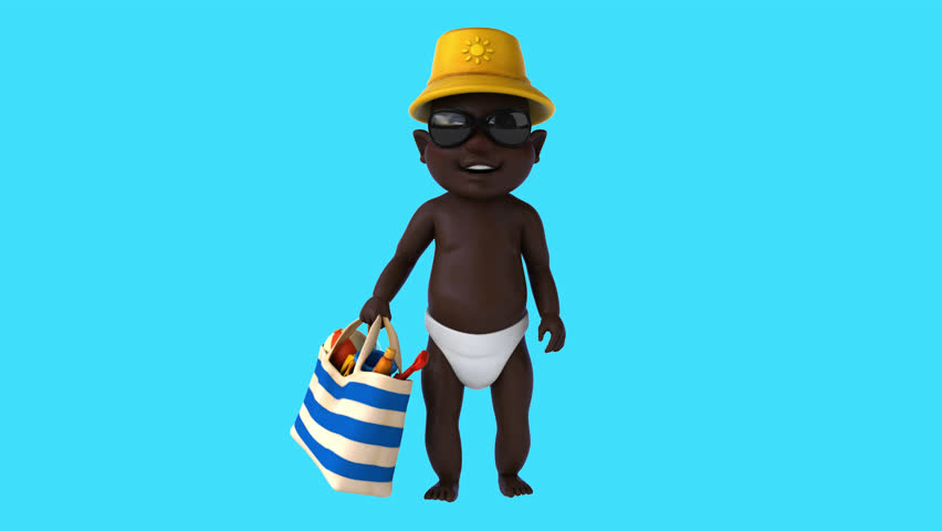 Fun 3D cartoon black baby with a beach bag (with alpha channel)