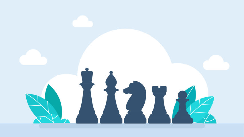 Chess pieces. King, queen, bishop, pawn, knight, knight, rook. Icon set. Board game. Black silhouettes. King chess piece falls from above. Outline set of chess icons for web design. 2D flat animation