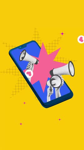 Stop motion animation. Megaphones bursting from smartphone screen with bold communication energy. Concept of marketing, social engagement, advertising, modern digital voice, and parallax effect.