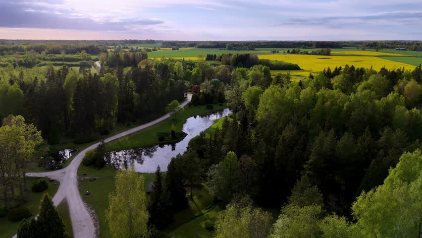 A rural landscape with a reflective pond, winding gravel roads, and mixed forest is filmed from above by a drone. No people or logos are identifiable.