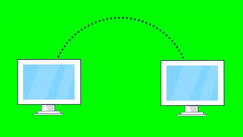 File transfer animation with flying paper plane icon between two computers. Modern digital communication concept. Flat style technology illustration.