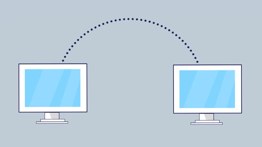 File transfer animation with flying paper plane icon between two computers. Modern digital communication concept. Flat style technology illustration.