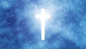 Loopable luminous white cross glowing in blue heavenly light with floating particles, divine presence, spiritual awakening, sacred illumination - Powered by Shutterstock - Get 15% off with code: PIKWIZARD15