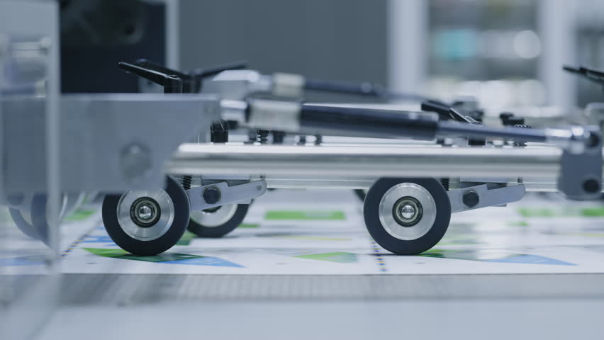 Close up of industrial rollers moving paper sheets in a modern printing or packaging machine, factory automation and production process.