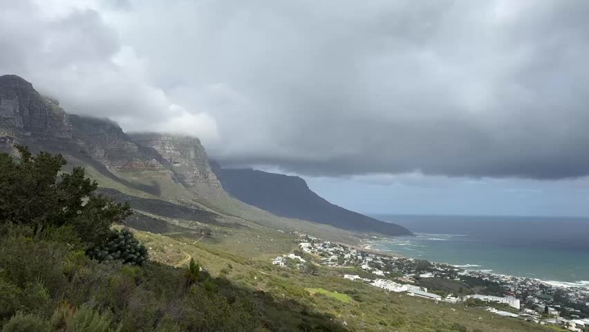 Views of 12 Apostles and the Atlantic Ocean from Table Mountain in Cape Town, South Africa.