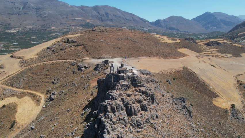Aerial footage of the Church of Saint Paisios, located in the south coastline of Crete, Greece