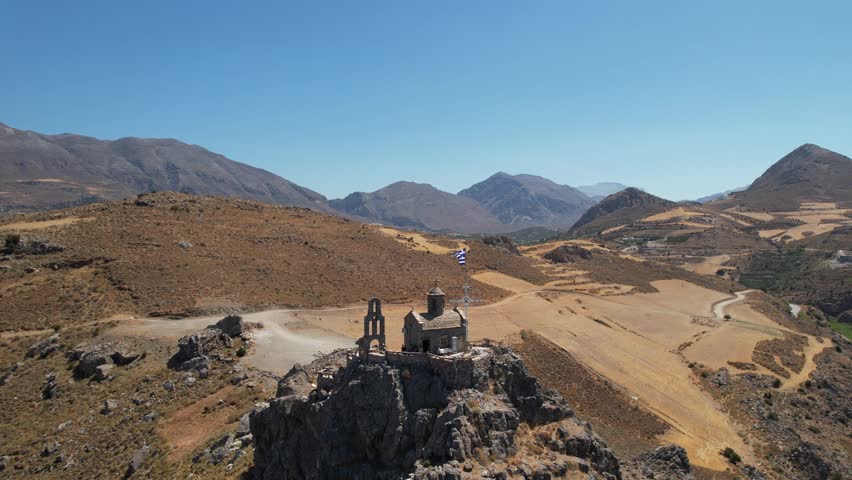 Aerial footage of the Church of Saint Paisios, located in the south coastline of Crete, Greece