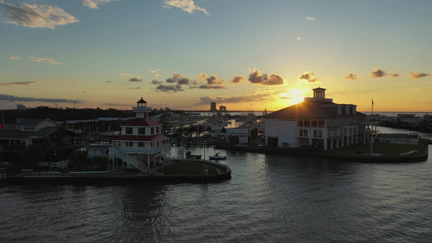 Drone view of sunset over the New Orleans marina