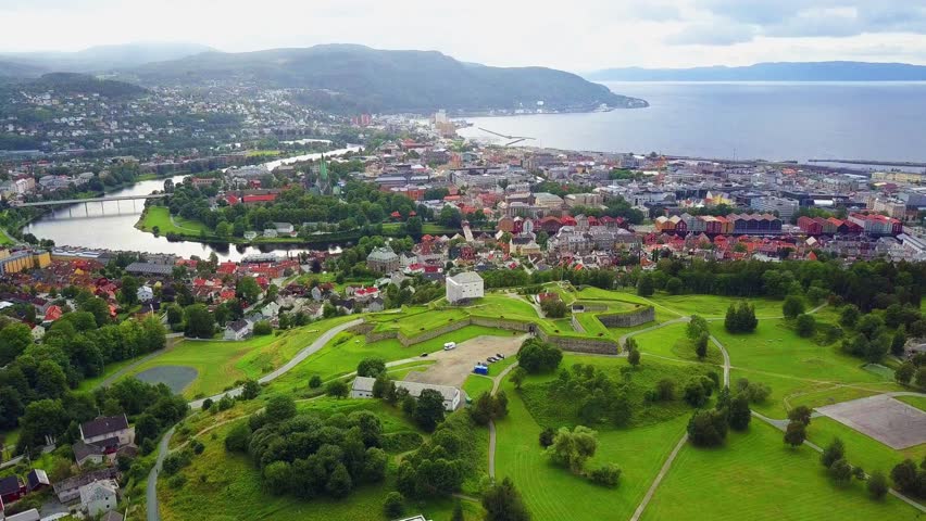 Trondheim city aerial panoramic view. Trondheim is the third most populous municipality in Norway.