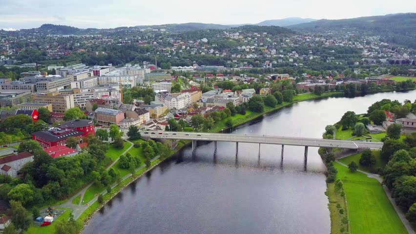 Nidelva river and Trondheim city aerial panoramic view. Trondheim is the third most populous municipality in Norway.