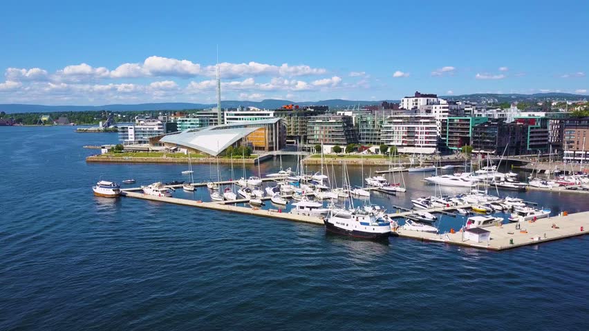 Oslo harbor at the Aker Brygge and Tjuvholmen neighbourhood aerial view in Oslo. Oslo is the capital of Norway.