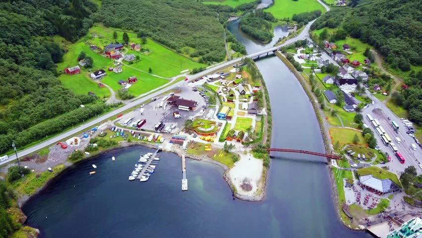 Gudvangen aerial view, a village in Flamsdalen, at the Aurlandsfjorden a branch of Sognefjorden, municipality of Aurland, Norway.