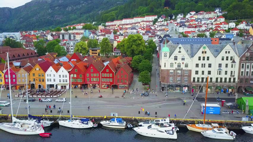 Bryggen aerial panoramic view. Bryggen is a series commercial buildings at the Vagen harbour in Bergen, Norway.