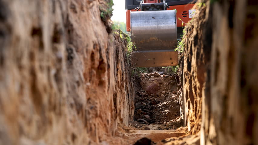 Mini excavator lifting soil from trench at construction site
