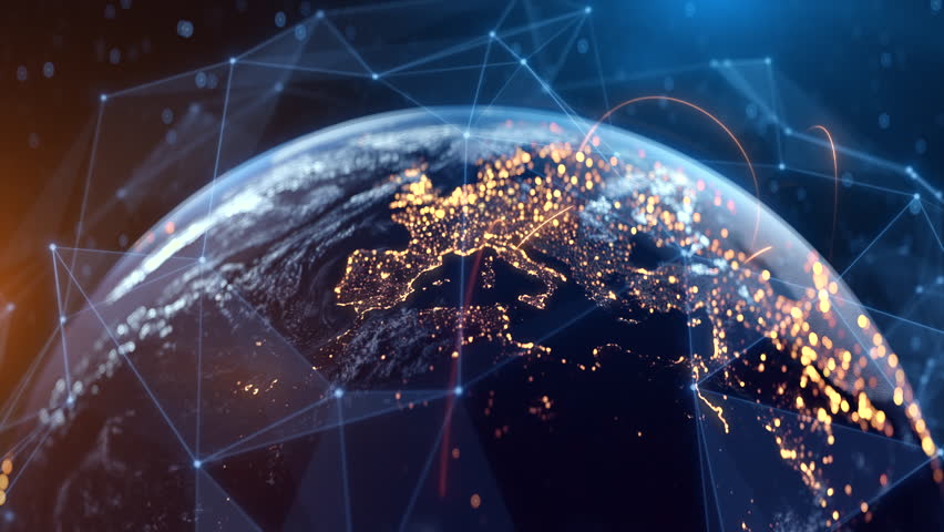 Global Connection Lines. Network Data Transfer Over Earth. Futuristic AI Technology, 5G, Satellite Communication, Internet Connectivity, Big Data, Digital World Background Animation. Crypto Exchange