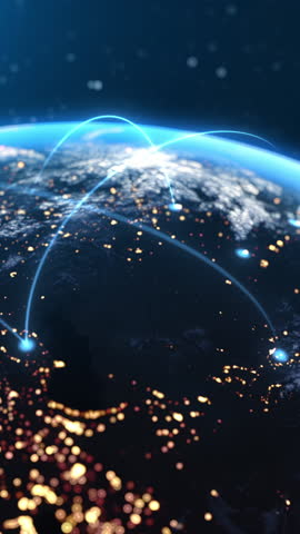 Global Connection Lines. Network Data Transfer Over Earth. Futuristic AI Technology, 5G, Satellite Communication, Internet Connectivity, Big Data, Digital World Background Animation. Crypto Exchange