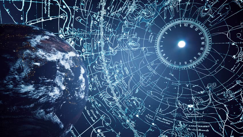 Astrological symbols of the horoscope on the star map, rotate above the planet Earth, showing the influence of planets and stars on our planet and its population. 3D animation.