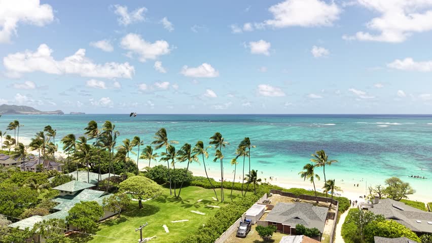 Lanikai Beach and Beachfront Villas, Establishing Drone Shot. Oahu Island, Hawaii USA