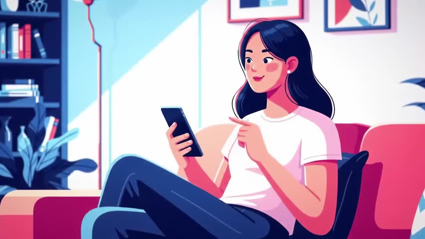 Flat Design Minimalist Animation of Woman Shopping on Smartphone in Living Room
