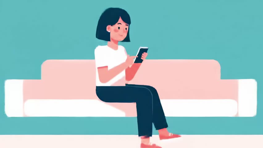 Flat Design Minimalist Animation of Woman Shopping on Smartphone in Living Room
