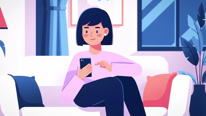 Flat Design Minimalist Animation of Woman Shopping on Smartphone in Living Room