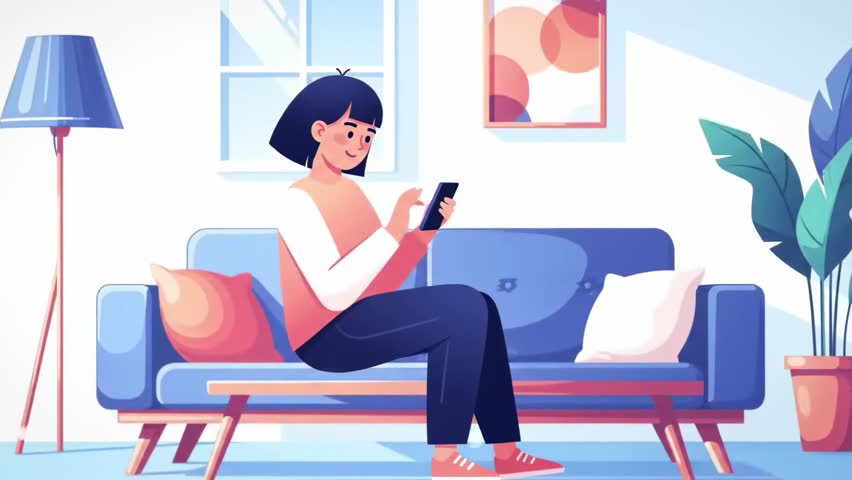 Flat Design Minimalist Animation of Woman Shopping on Smartphone in Living Room