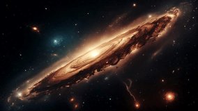 Dark, swirling dust lanes across the galaxy's disk absorb starlight, creating a dramatic contrast. Surrounding them are clusters of stars and other, smaller galaxies in the background. - Powered by Shutterstock - Get 15% off with code: PIKWIZARD15