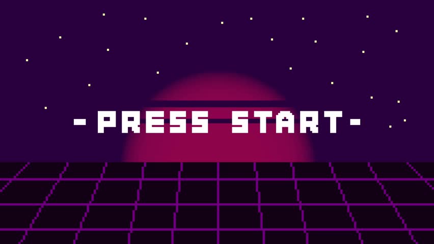 Flashing "Press Start" Text on a Retro Game Background with Neon Grid and Moon. Animated Gaming UI and Retro Aesthetic 8-Bit Pixel Art Looping Video - Powered by Shutterstock - Get 15% off with code: PIKWIZARD15