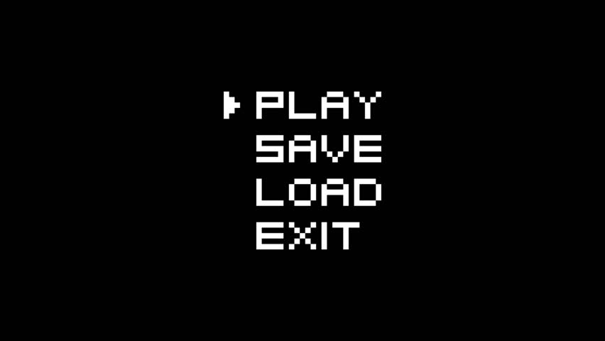 Animated Arrow Moving Up and Down Next to "Play, Save, Load, Exit" Menu Options. Retro 8-Bit Pixel Art Game UI Element Looping Video - Powered by Shutterstock - Get 15% off with code: PIKWIZARD15