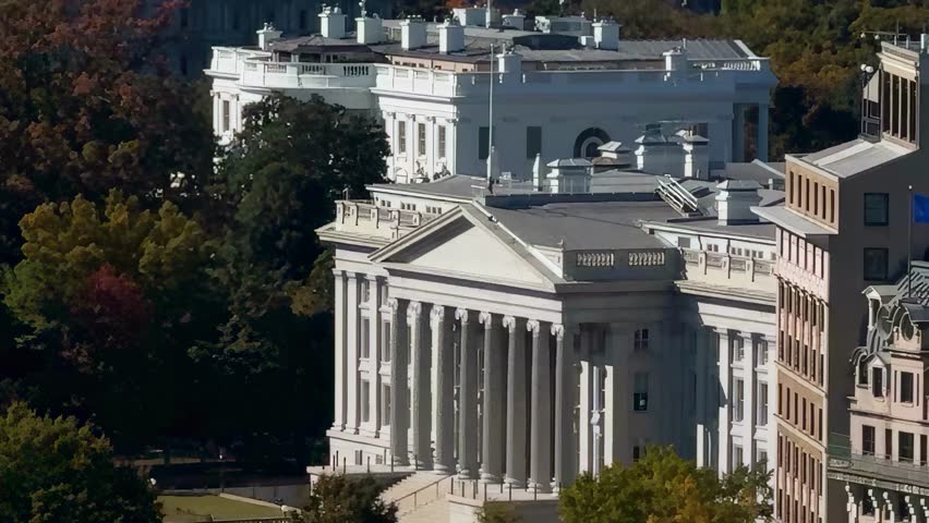 Explore stunning aerial views of iconic landmarks in Washington DC including the White House, US Treasury, and Willard Hotel, highlighting their architectural beauty.