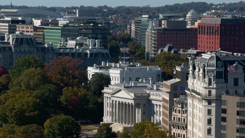 Explore panoramic views of the White House, US Treasury, and Willard Hotel in Washington DC. Experience the vibrant skyline and historic architecture from above.