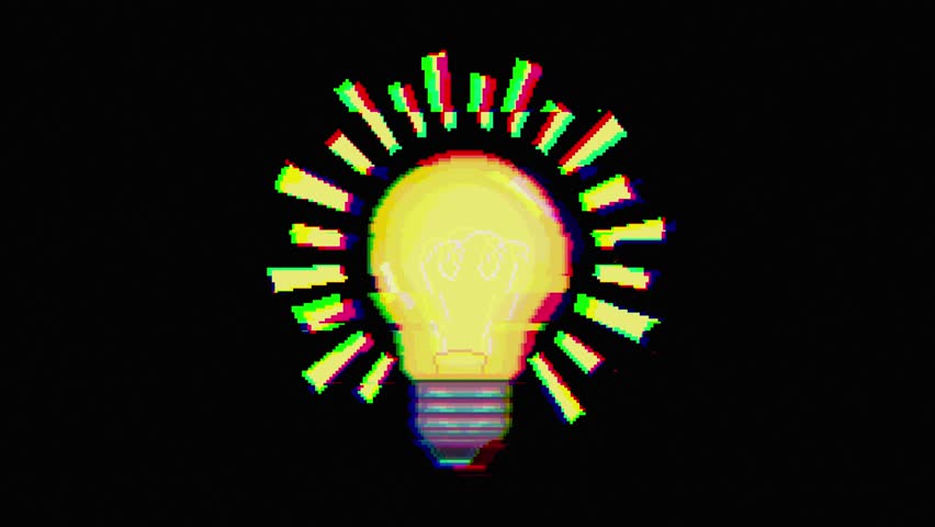 Pixel art light bulb glitch animation with RGB split effect. Glowing bulb flickers and distorts on black background. Retro tech malfunction concept.