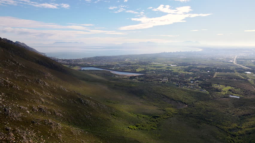 Aerial view from Sir Lowry's Pass over Lower Steenbras dam toward False Bay