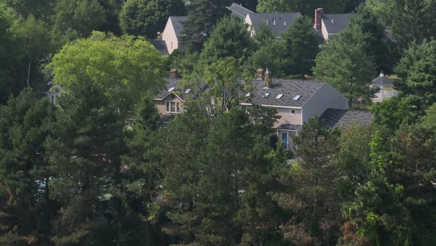 American two-story houses and homes between dense green trees in suburbia of town. Aerial rising shot. Sunny summer day in Massachusetts state.