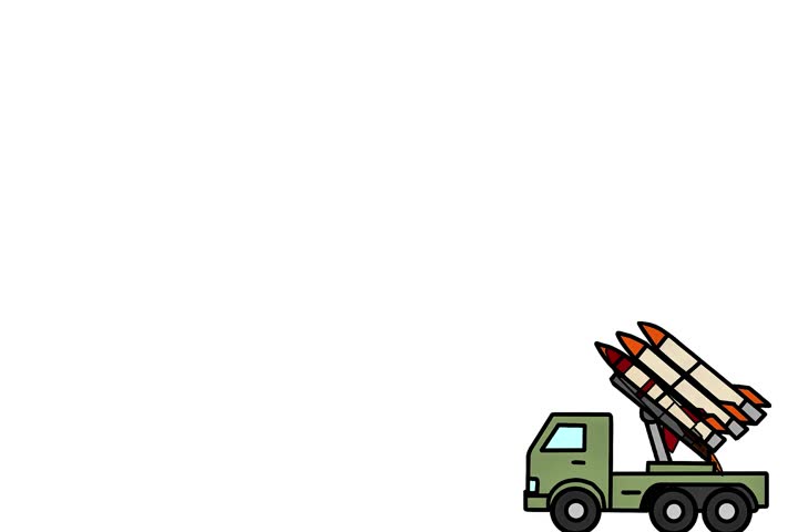 2D vector illustration of a green military rocket launcher truck firing missiles, moving forward, and launching again. Flat style with white background, perfect for animation, presentation, or infogra