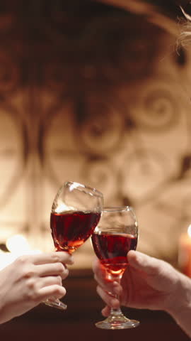 Romantic toast with red wine glasses by fireplace