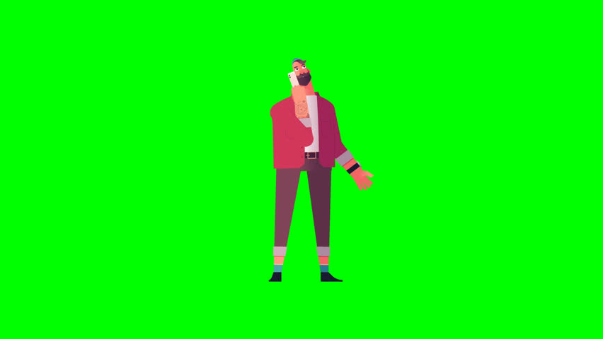 3D animation of a hipster male talking with partner on green screen. Perfect digital asset for creative projects, explainer videos, presentations, and visual storytelling.