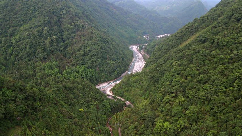 Drone View of Mountain Gorge with Flowing River, Sichuan Province, China