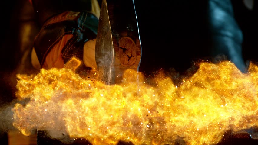 Cinematic close-up of blacksmith forging glowing hot iron on anvil with sparks flying. Shot in dramatic lighting on dark background with high-speed camera at 1000fps.