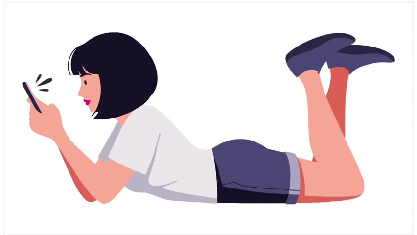 Animation of a young woman lying down relaxing while holding a cellphone and playing with her feet, isolated in white
