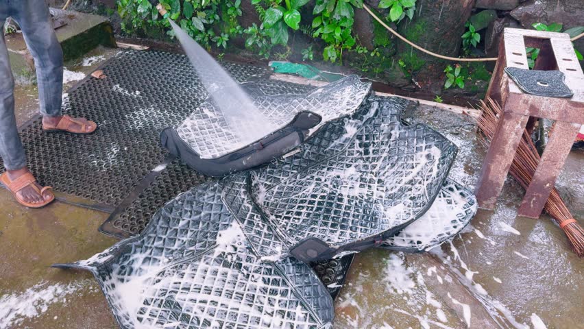 Worker Uses Jet Hose to Clean Soapy Car Mat in Open Garage, Technician washes Rubber Liner Using Pressure pump, Mechanic Maintains Vehicle Hygiene with Water Rinsing, Repairman Soak Accessory Outdoors