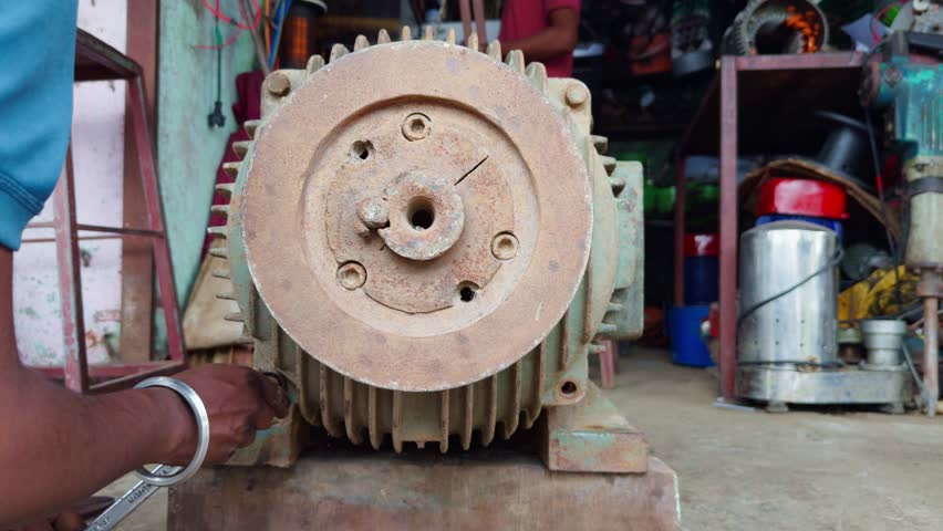 Rotary Pump Restoration at Industrial Garage, Electrician Fixes Corroded Motor with Wrench, Manual Work on Old Electrical Equipment, Rusty Engine Bolt Tightening in Workshop, Adjust Worn Out Machinery