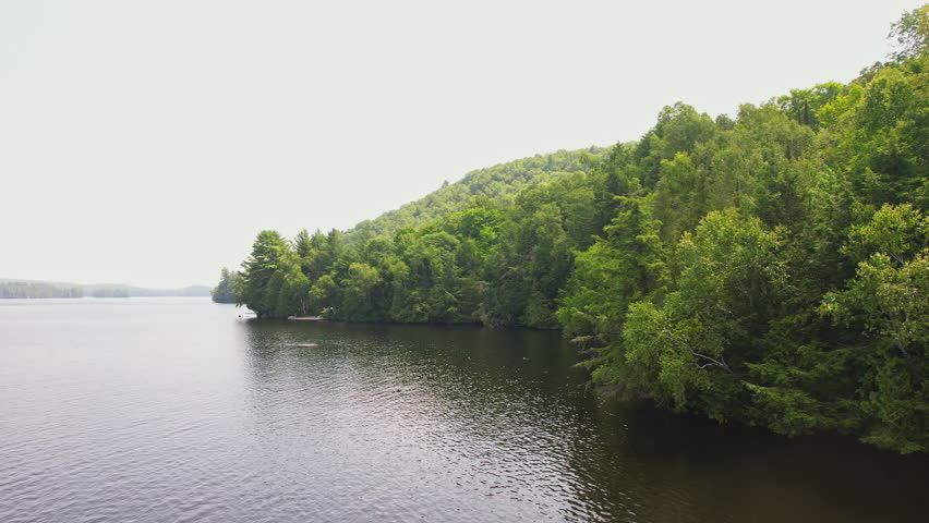 Low aerial shot of Baptist Lake Crown land shore. Picturesque forest surrounding water. Peaceful atmosphere for nature explorers, Bancroft, Ontario, Canada.