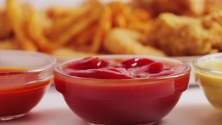 Close up shot of hand dipping french fries into ketchup. Tasty set of french fries, chicken wings, nuggets and onion rings. Fast food concept.