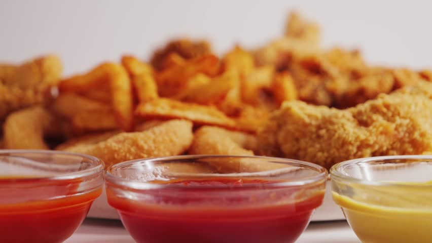 Close up shot of hand dipping strips of breast into ketchup. Tasty set of french fries, chicken wings, nuggets and onion rings. Fast food concept.