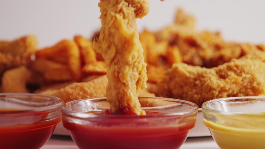 Close up shot of hand dipping strips of breast into ketchup. Tasty set of french fries, chicken wings, nuggets and onion rings. Fast food concept.