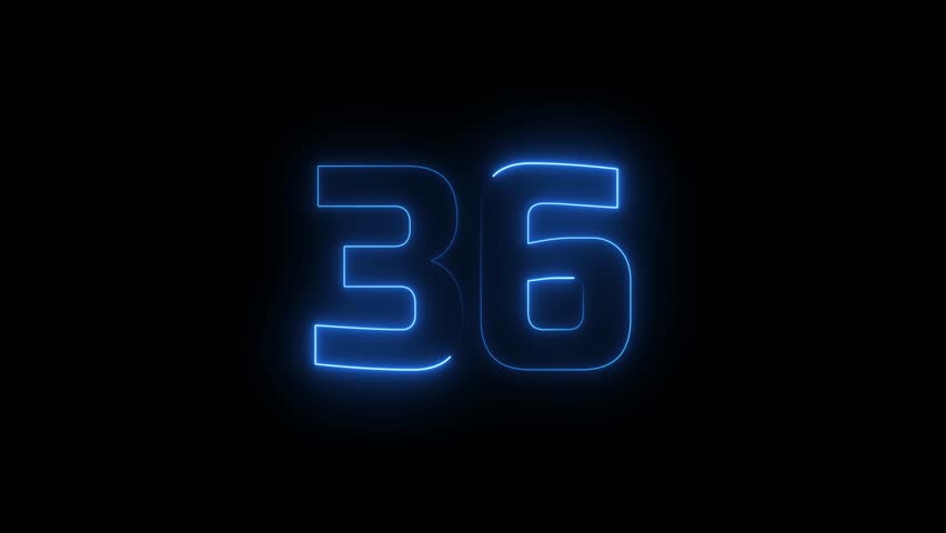 Glowing neon text 36 number countdown icon background 4k animation. Glowing sign on black background Neon number 36 with alpha channel, neon numbers, Appears and disappears.