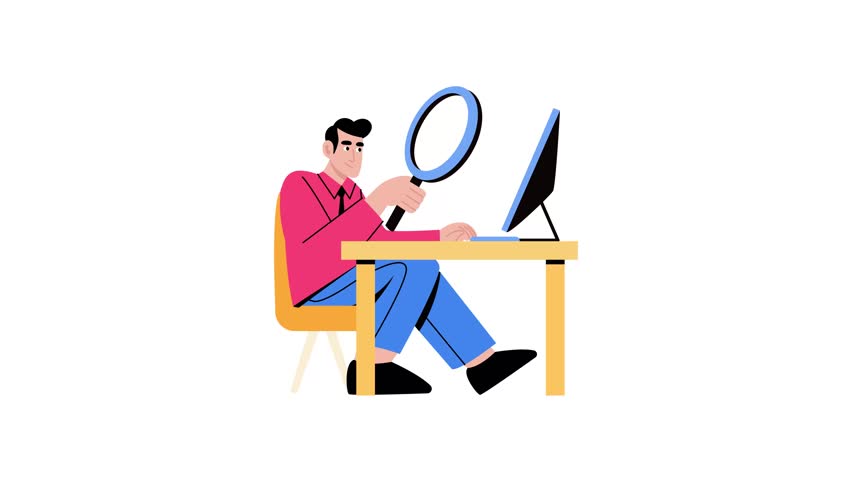 Flat style animated illustration depicting a character doing career research
